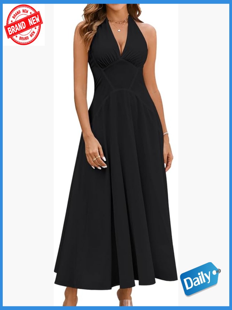 Women's Halter V-Neck Smocked Back A-Line Midi Dress Sleeveless Flowy Sundress